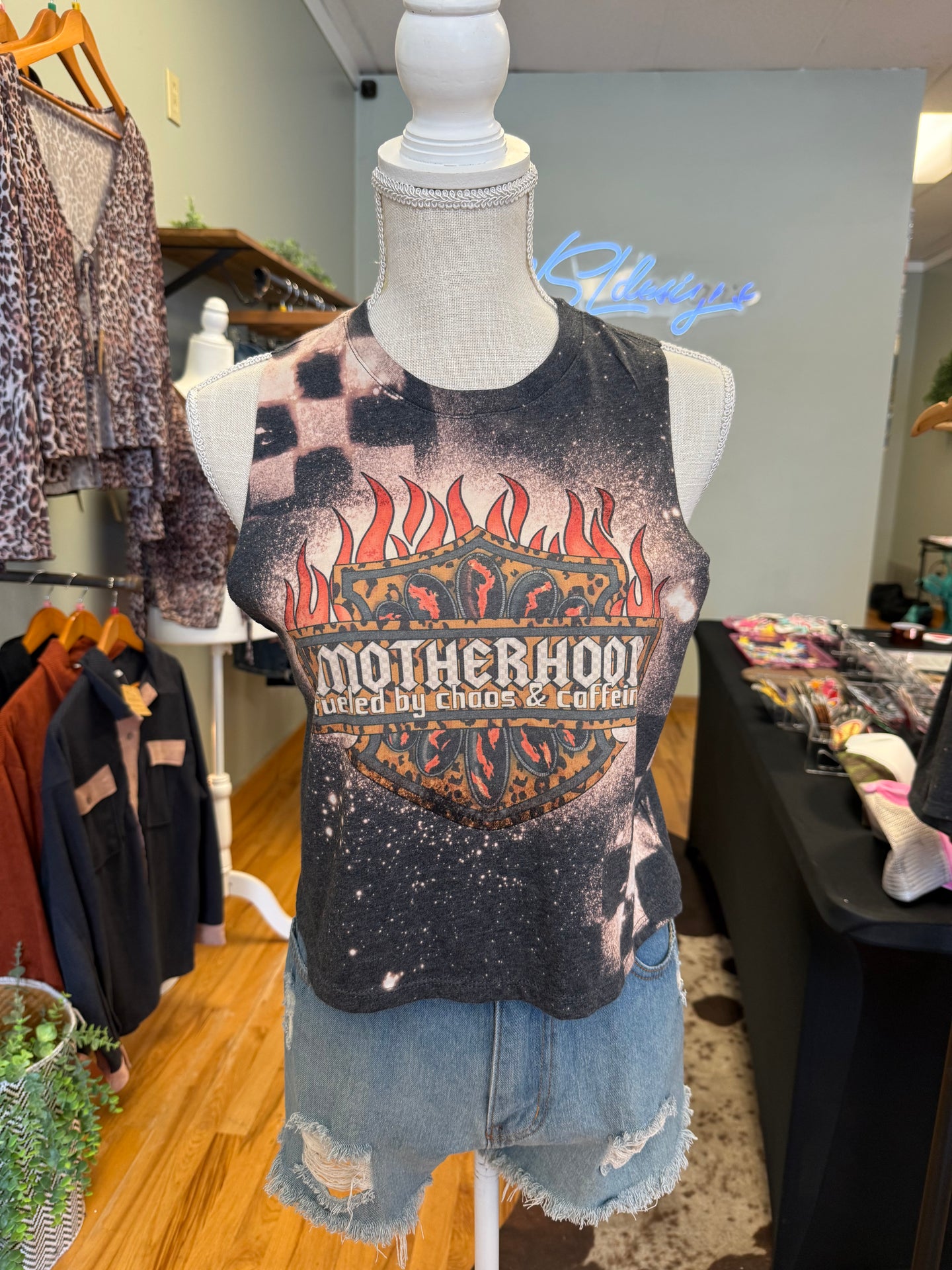 Motherhood Checkered Bleached Racerback Cropped Tank